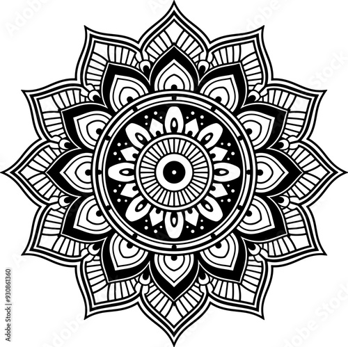 Round Mandala vector and line art with coloring page. Black and white vector mandala design with an Indian theme.