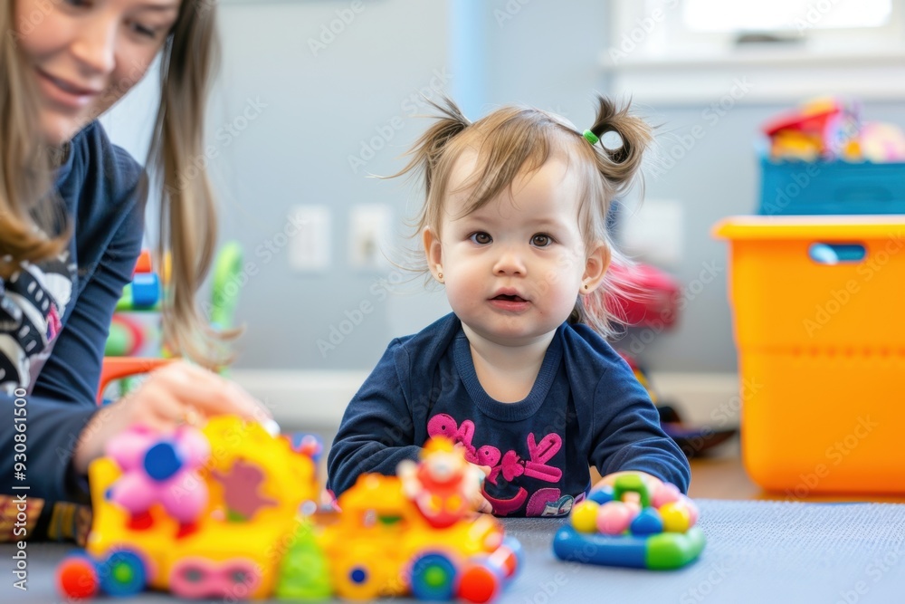 Fototapeta premium Toddler playing with colorful toys indoors during a sunny afternoon in a playroom
