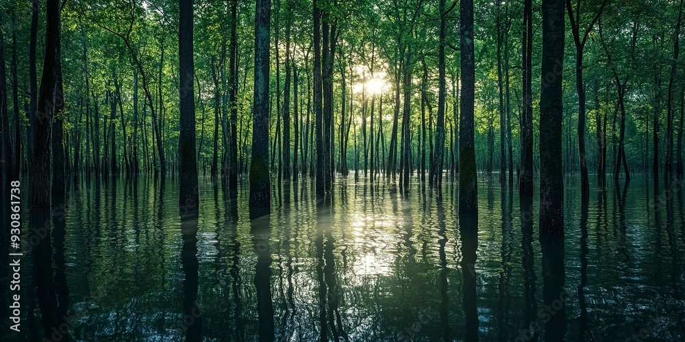 A serene yet somber sight of a flooded forest, signifying nature's power and the impact of climate change A serene yet somber sight of a flooded forest, signifying nature's power and the impact of climate change