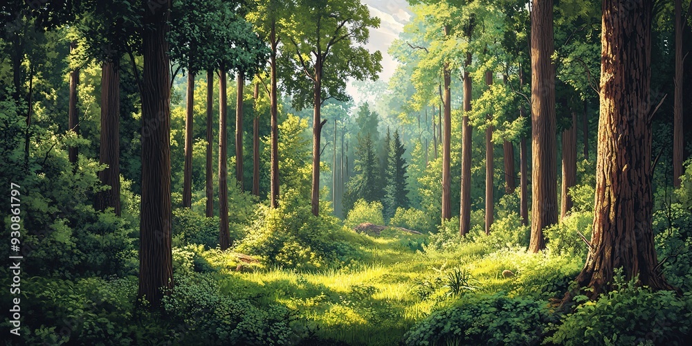 Obraz premium A vibrant forest scene featuring tall trees and lush green undergrowth. The image encapsulates the serenity and richness of a dense, natural woodland environment.