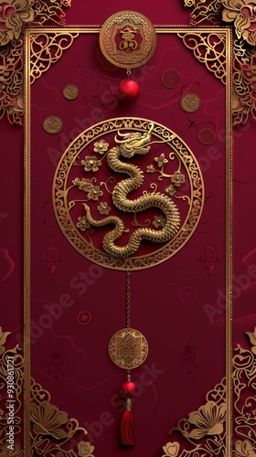 Happy chinese new year, year of the snake zodiac sign hanging beautiful lantern and flowers on red background.