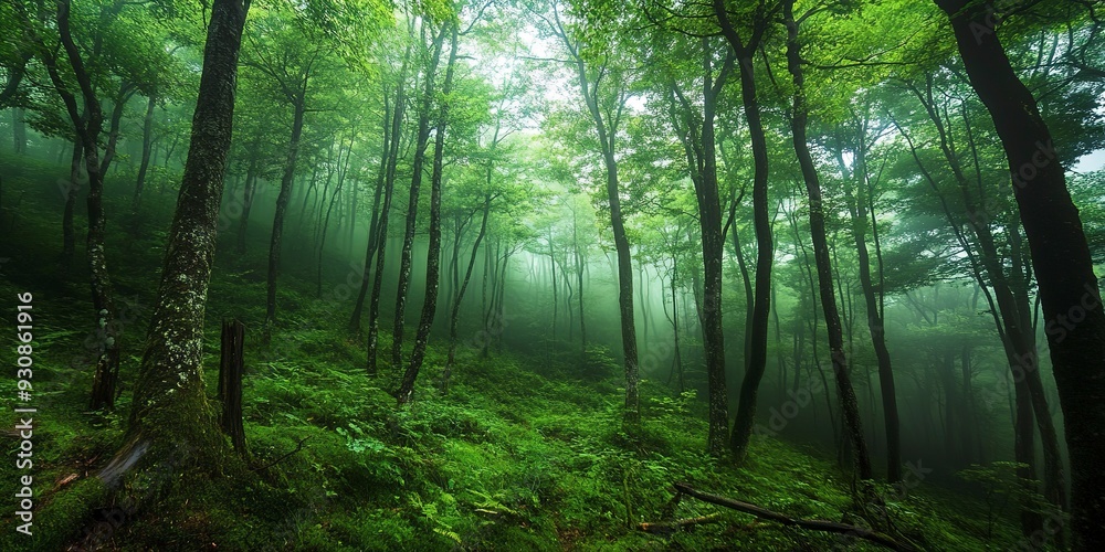 Fototapeta premium Green forest with fog