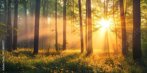 Fototapeta Naklejka Na Ścianę i Meble -  Beautiful nature at morning in the misty spring forest with sun