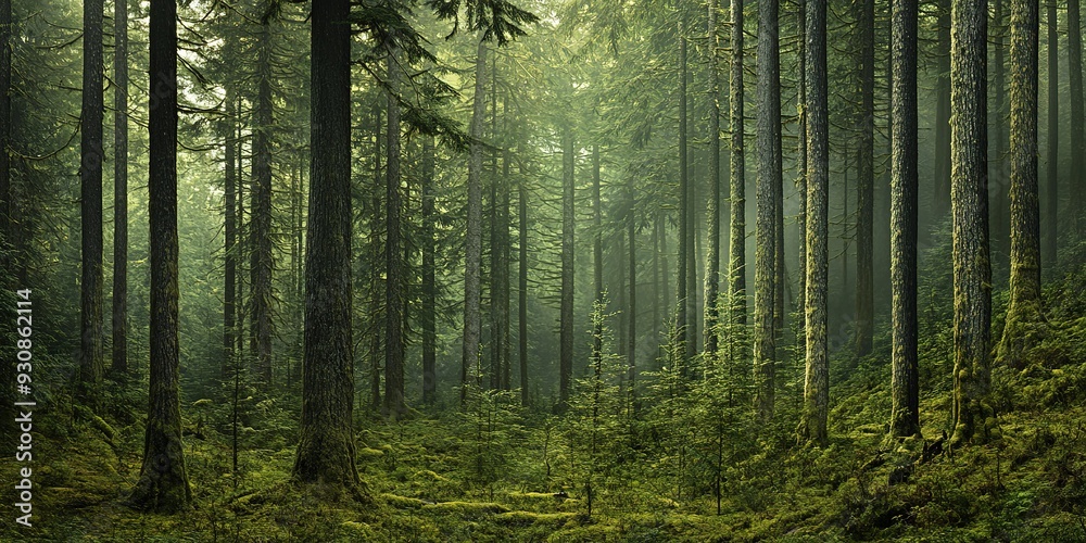 Fototapeta premium Dense forest view capturing trees in various life stages - from saplings to towering mature trees - wide format