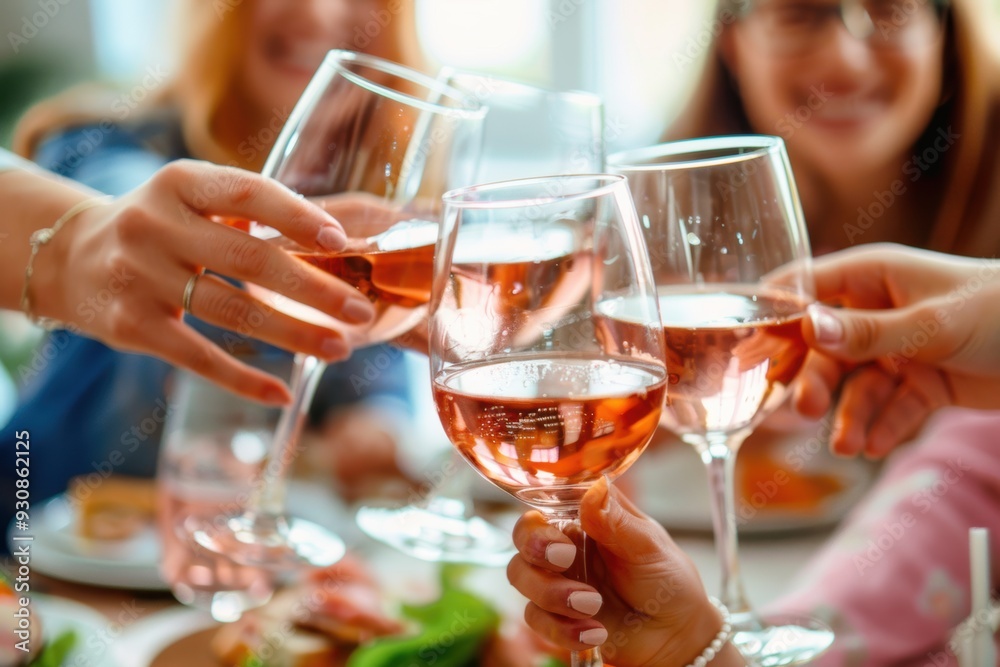 Group of friends toasting with glasses of rosé wine during a festive gathering at a cozy indoor setting