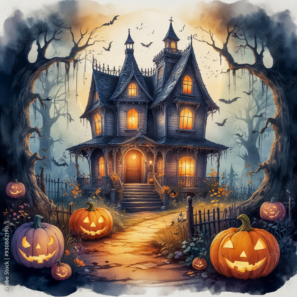 A chilling Halloween haunted house, set under a night sky dominated by a full moon. The moon's pale, silvery light bathes the scene, casting long, eerie shadows across the landscape. A chilling Halloween haunted house, set under a night sky dominated by a full moon. The moon's pale, silvery light bathes the scene, casting long, eerie shadows across the landscape.