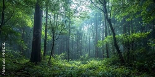 Dense forest view capturing trees in various life stages - from saplings to towering mature trees - wide format 