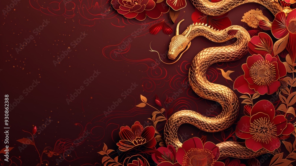 Happy chinese new year, year of the snake zodiac sign hanging beautiful lantern and flowers on red background. Copy space Happy chinese new year, year of the snake zodiac sign hanging beautiful lantern and flowers on red background. Copy space
