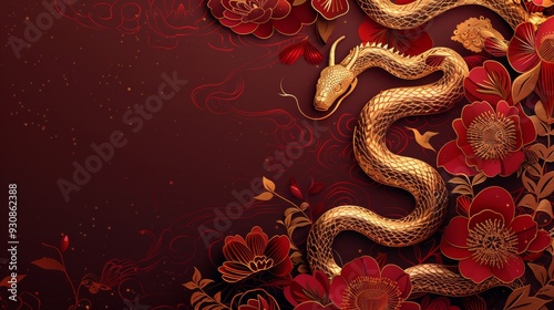 Happy chinese new year, year of the snake zodiac sign hanging beautiful lantern and flowers on red background. Copy space