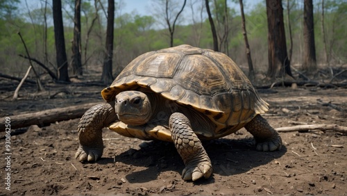 Giant Tortoise Walking Through Forest Clearing After a Fire