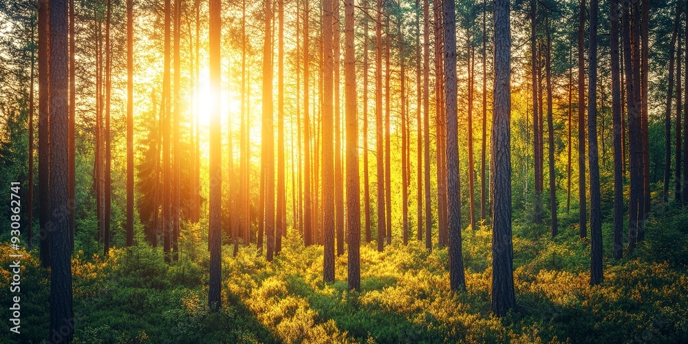 Fototapeta premium tall straight trees in a sunny forest in the summer. Creative banner. Copyspace image 
