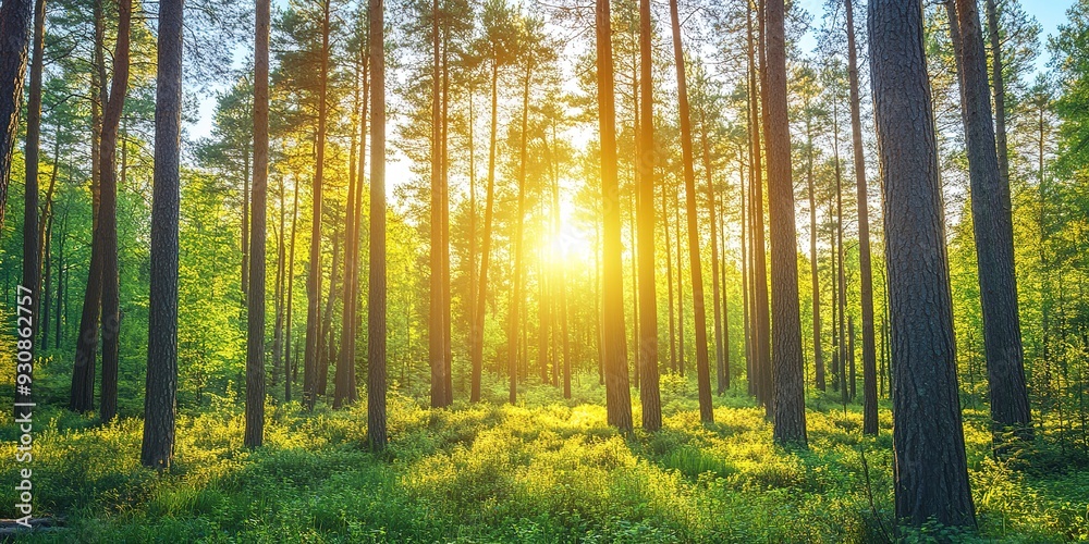 tall straight trees in a sunny forest in the summer. Creative banner. Copyspace image tall straight trees in a sunny forest in the summer. Creative banner. Copyspace image