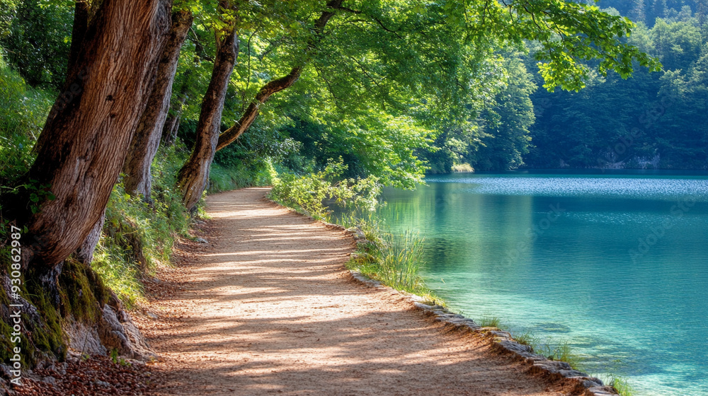 mountain trail winds along the edge of a tranquil lake under the golden rays of the sun. Lush greenery surrounds the path, offering a peaceful retreat into nature's untouched beauty mountain trail winds along the edge of a tranquil lake under the golden rays of the sun. Lush greenery surrounds the path, offering a peaceful retreat into nature's untouched beauty
