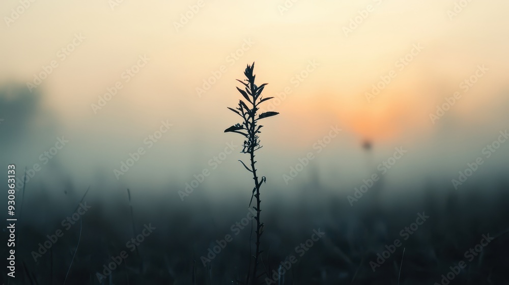Obraz premium Silhouetted Plant in Misty Sunrise