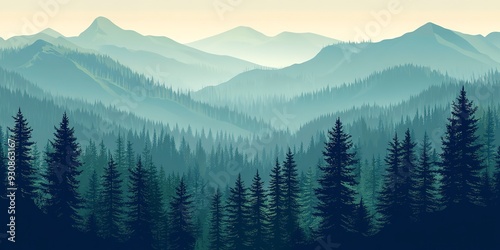 Northern woodland scenery, viewed from above, with green pine forest and dark spruce trees on mountain hills. 