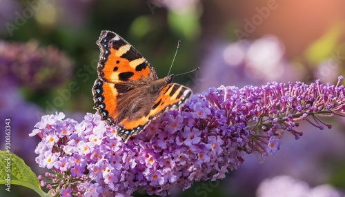 small tortoiseshell butterfly sitting on a buddleja flower uk photo