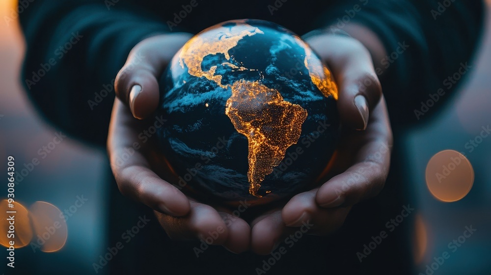 Fototapeta premium Hands Holding Illuminated Globe with South America in Focus