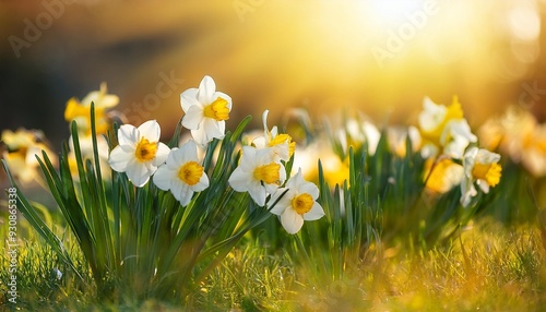 daffodil in white and yellwo on a spring meadow with warm light photo