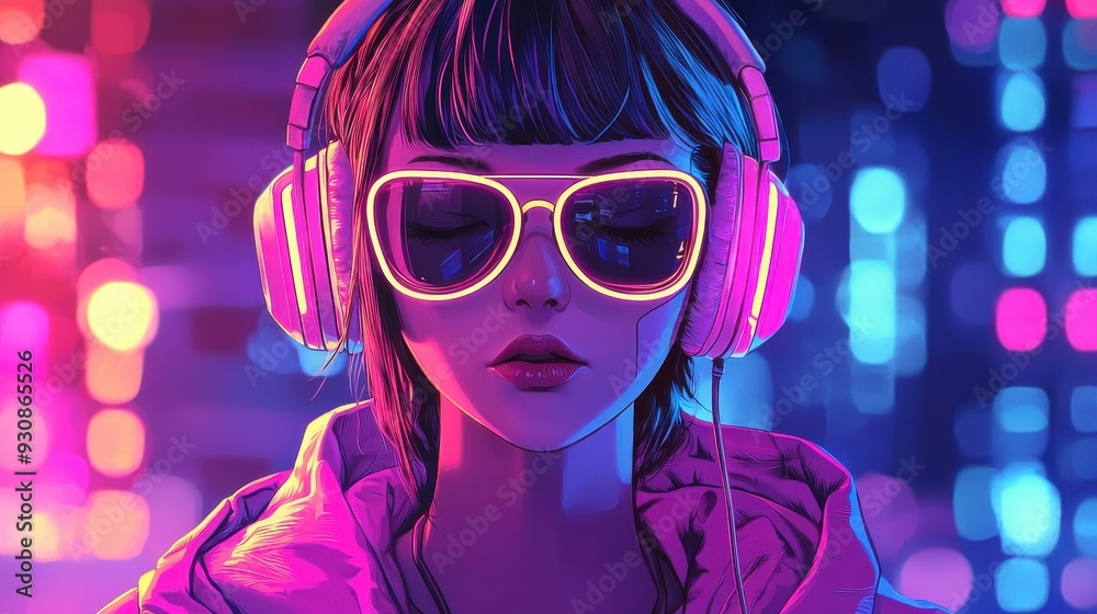 Woman Wearing Neon Headphones in City Lights Woman Wearing Neon Headphones in City Lights