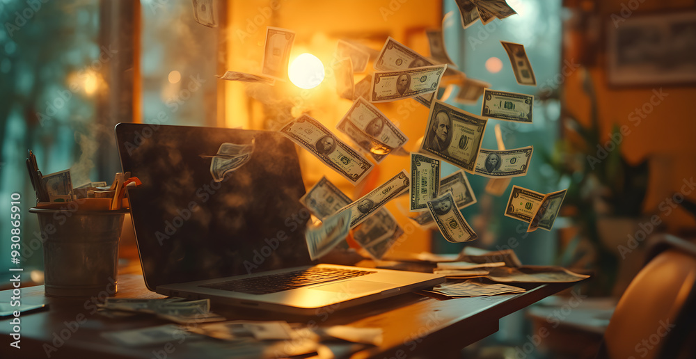 A laptop is on a desk with a pile of money flying out of it A laptop is on a desk with a pile of money flying out of it