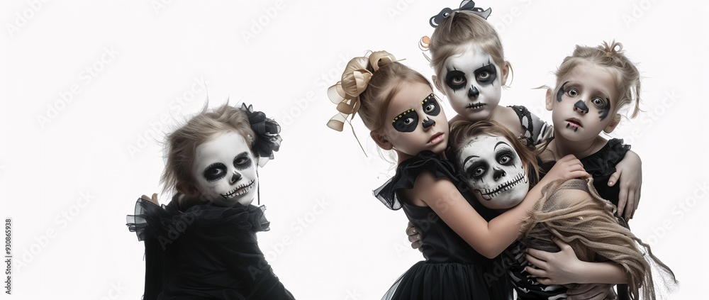 A group of children dressed as zombies or the undead for Halloween against a white background with space for text. Concept of culture and tradition, scary costumes for kids, and the Halloween holiday.