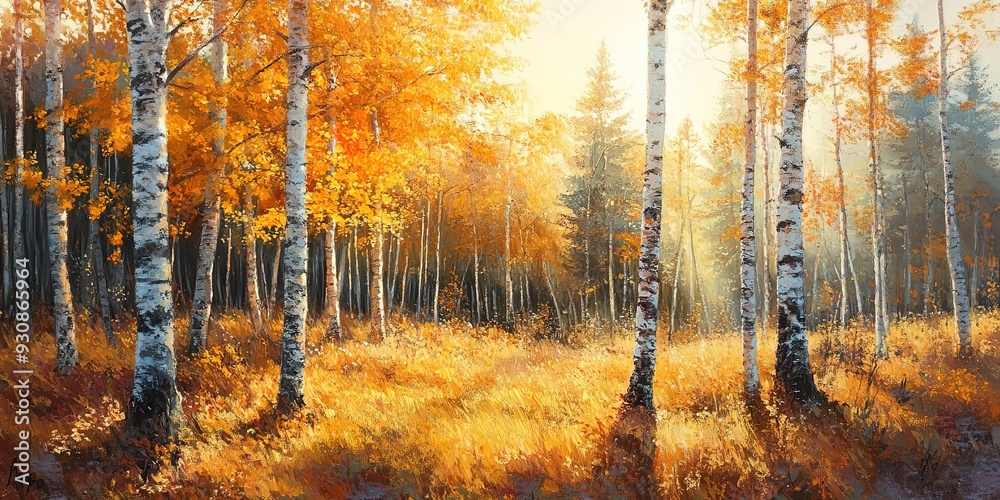 Obraz premium Golden fall birch forest and sunlit birch trees in an autumn landscape 