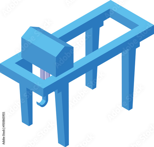 Blue port crane lifting cargo on pier at dock, industrial seaport infrastructure element in isometric view
