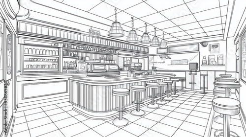 Sketch of a Cafe Interior with Bar Stools Counter and Ceiling Lights