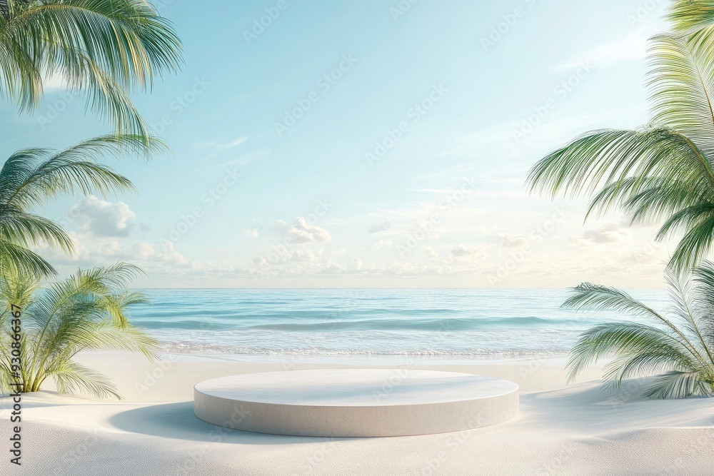 Beach podium summer background product 3D display platform. Serene beach with round platform and palm trees. Pedestal promotion presentation ad with generative ai Beach podium summer background product 3D display platform. Serene beach with round platform and palm trees. Pedestal promotion presentation ad with generative ai