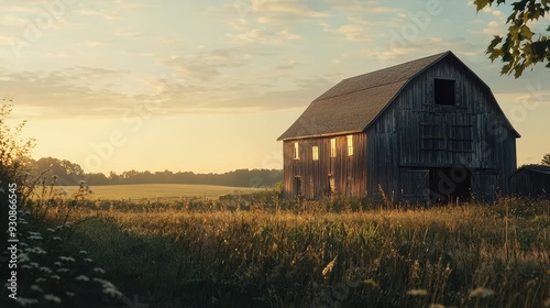 Old Barn in a Field at Sunset