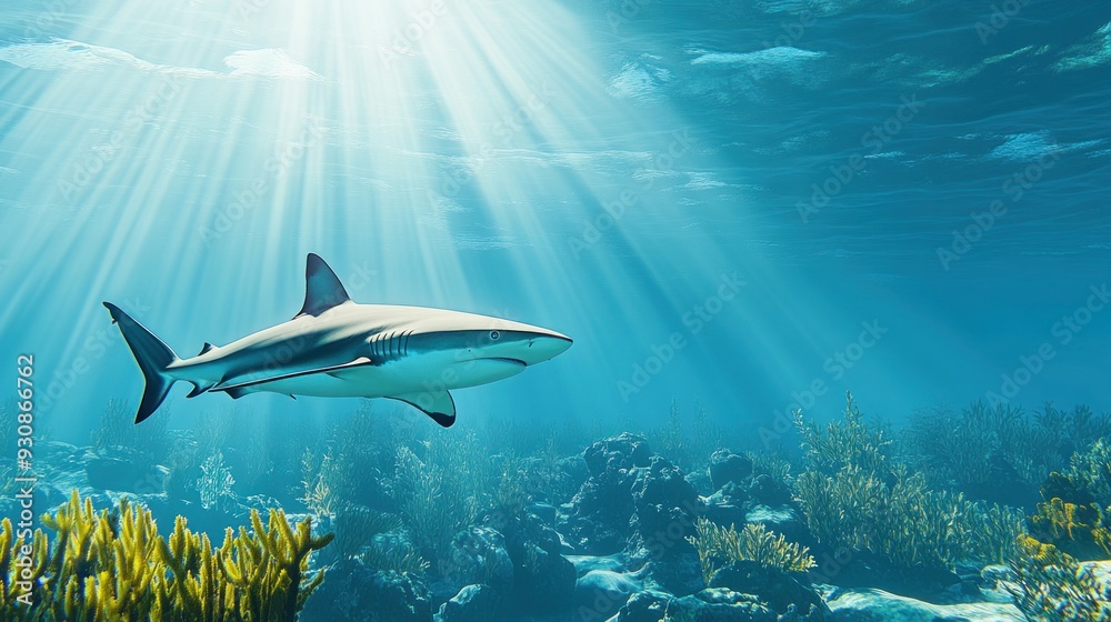 Fototapeta premium Shark Swimming Through Sunlit Ocean Depths