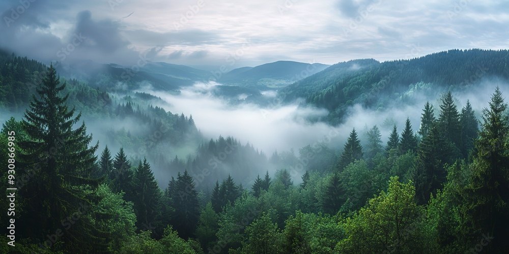 Amazing mystical rising fog forest trees landscape in black forest blackforest ( Schwarzwald ) Germany panorama banner 