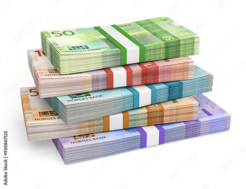 Naklejka premium Stacks of Norwegian Krone currency banknotes