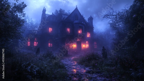 A hauntingly beautiful abandoned mansion, shrouded in mist with eerie glowing windows, captures a mysterious, ghostly atmosphere.