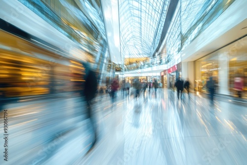 Blurred motion of shoppers in a mall. This photo is perfect for illustrating the busy pace of modern life and the feeling of anonymity in a large crowd.