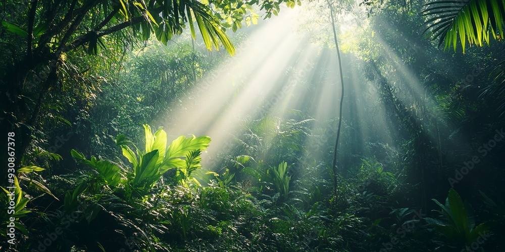 green tropical forest jungle, with sun rays green tropical forest jungle, with sun rays