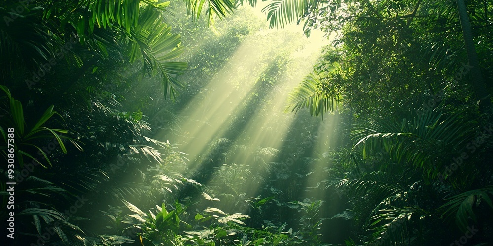 Obraz premium green tropical forest jungle, with sun rays