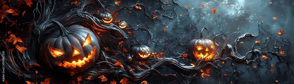 Spooky Halloween scene featuring carved pumpkins illuminated against a dark backdrop with swirling leaves and eerie atmosphere. Spooky Halloween scene featuring carved pumpkins illuminated against a dark backdrop with swirling leaves and eerie atmosphere.