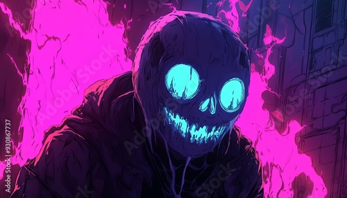 A haunting, vibrant illustration of a ghostly figure with glowing eyes and a sinister smile, surrounded by swirling purple flames.