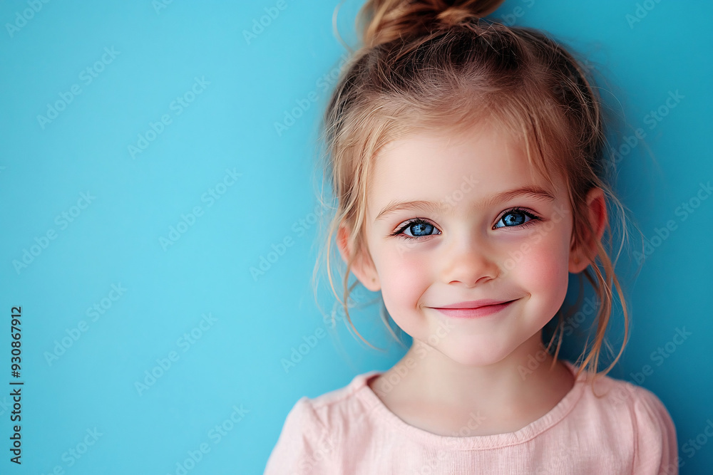 Portrait of a cute little girl smiling at the camera on a blue background. The picture radiates joy and innocence and could be used for lifestyle or parenting content. Portrait of a cute little girl smiling at the camera on a blue background. The picture radiates joy and innocence and could be used for lifestyle or parenting content.