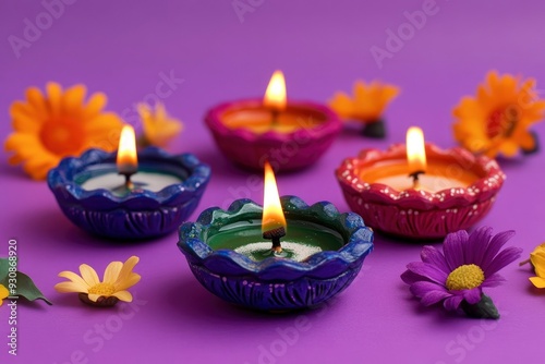 Colorful clay diya lamps with flowers on purple background with generative ai