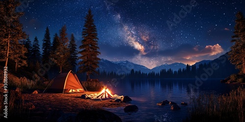 Serene lakeside campsite at night,Milky Way in sky and fire circle,wilderness camping theme.