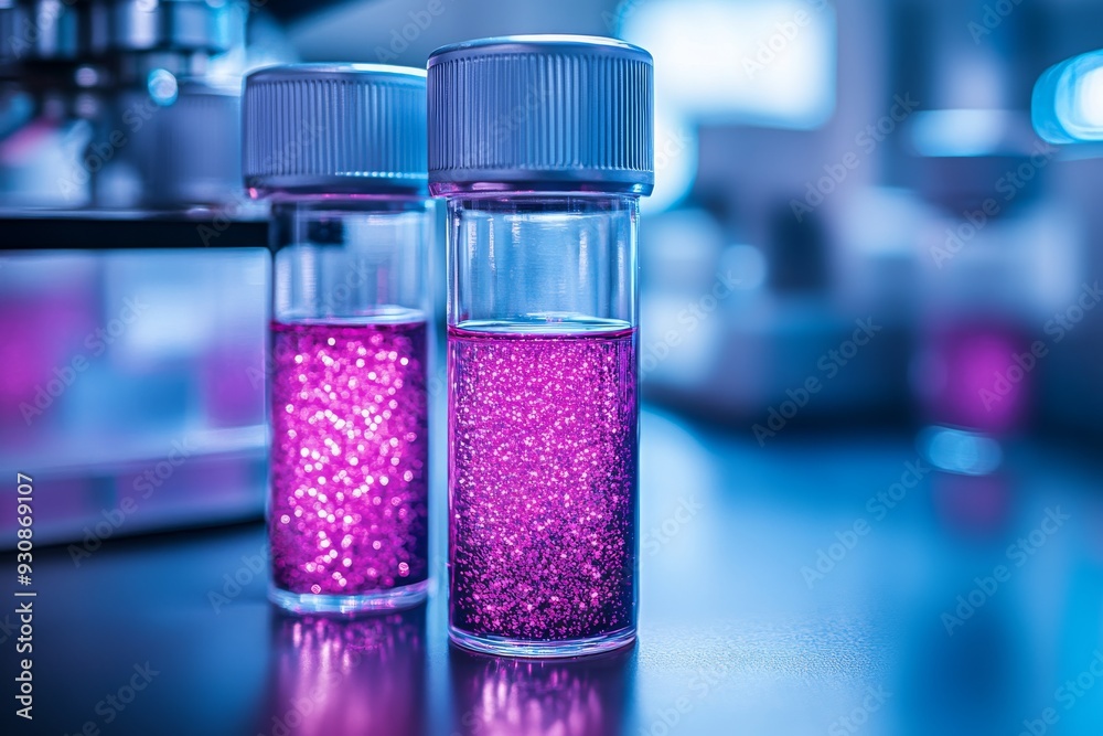 Scientific equipment analyzing pink glittering substances in a high tech laboratory environment Scientific equipment analyzing pink glittering substances in a high tech laboratory environment