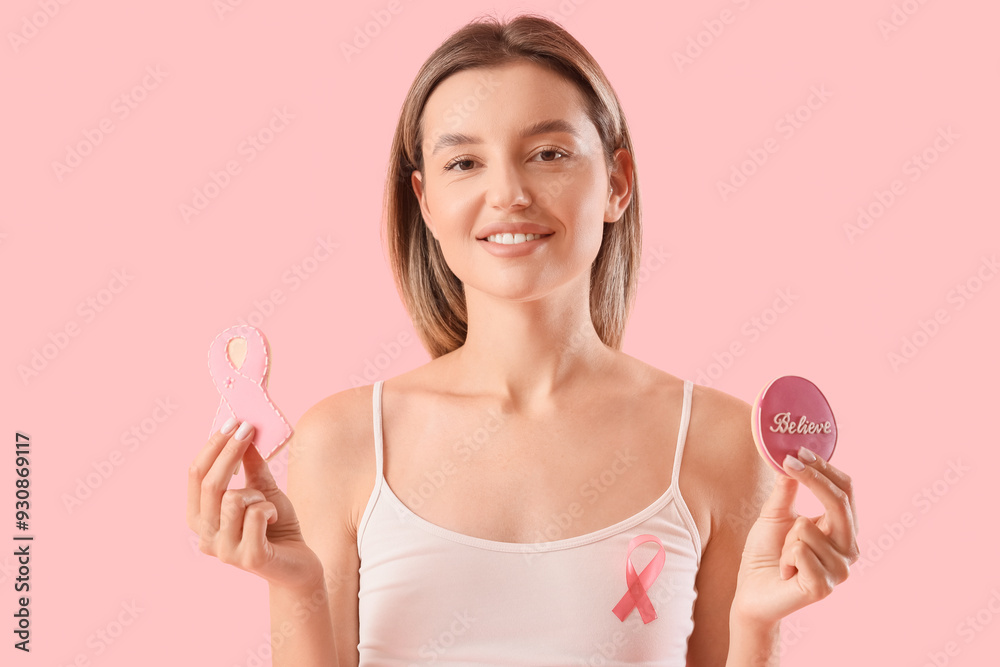 Young woman with pink ribbon and cookies on color background, closeup. Breast cancer awareness concept Young woman with pink ribbon and cookies on color background, closeup. Breast cancer awareness concept