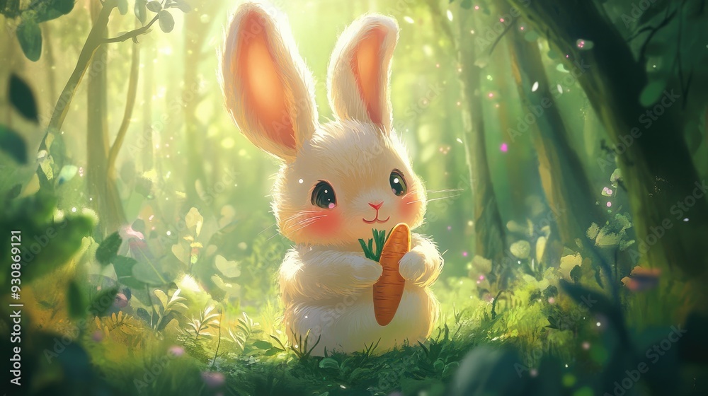 Cute Japanese cartoon bunny with rosy cheeks, big ears, and a playful ...