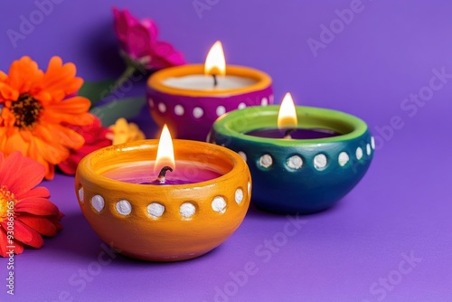 Colorful clay diya lamps with flowers on purple background with generative ai