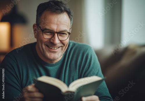 middle-aged man wearing a green shirt, reading an open book, with a cup of coffee on the table.