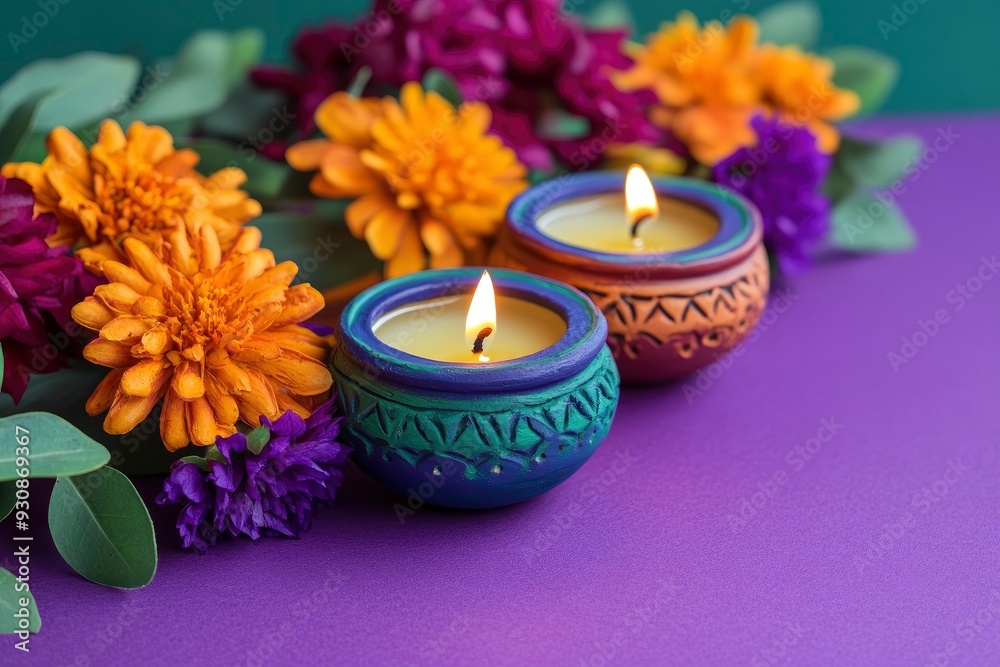 Colorful clay diya lamps with flowers on purple background with generative ai