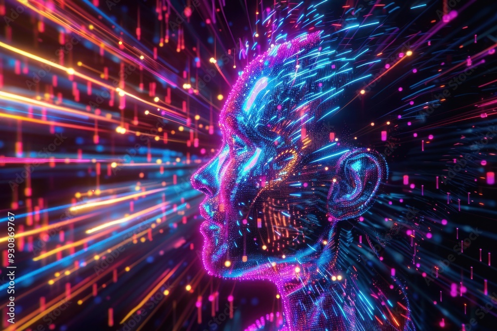 An evocative depiction of a neon-lit future, where artificial ...