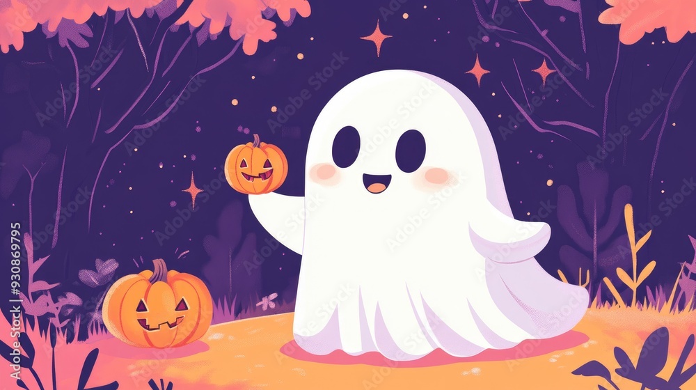Kawaii Japanese-style ghost with a happy face, holding a tiny pumpkin in a spooky but cute Halloween scene. Kawaii Japanese-style ghost with a happy face, holding a tiny pumpkin in a spooky but cute Halloween scene.